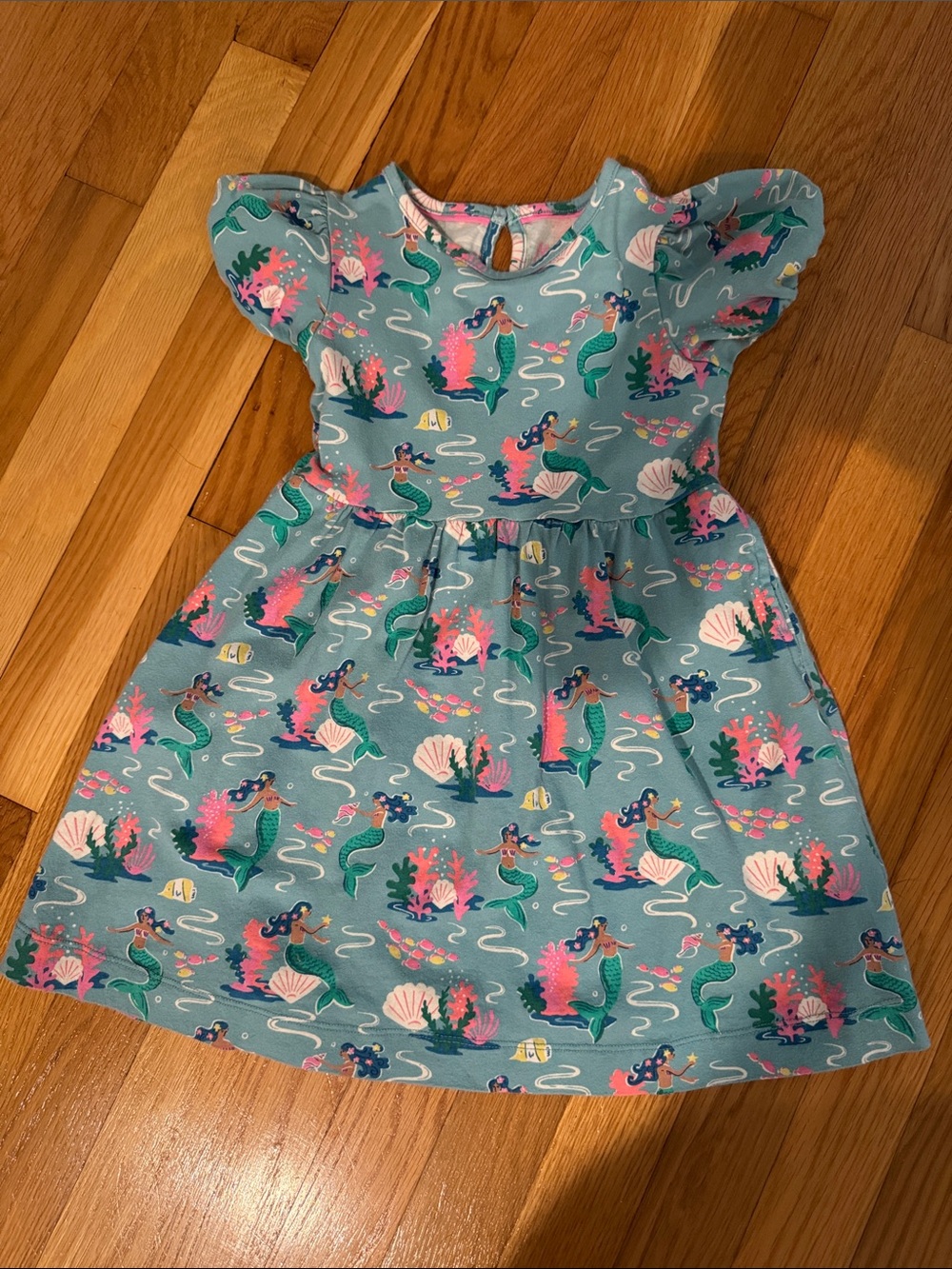Mini Boden Teal Mermaid Print Dress with Pink and Green Accents 3-4